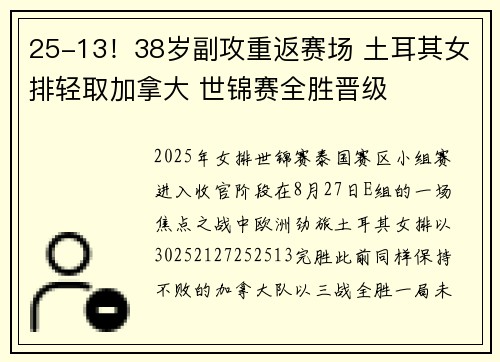 25-13！38岁副攻重返赛场 土耳其女排轻取加拿大 世锦赛全胜晋级